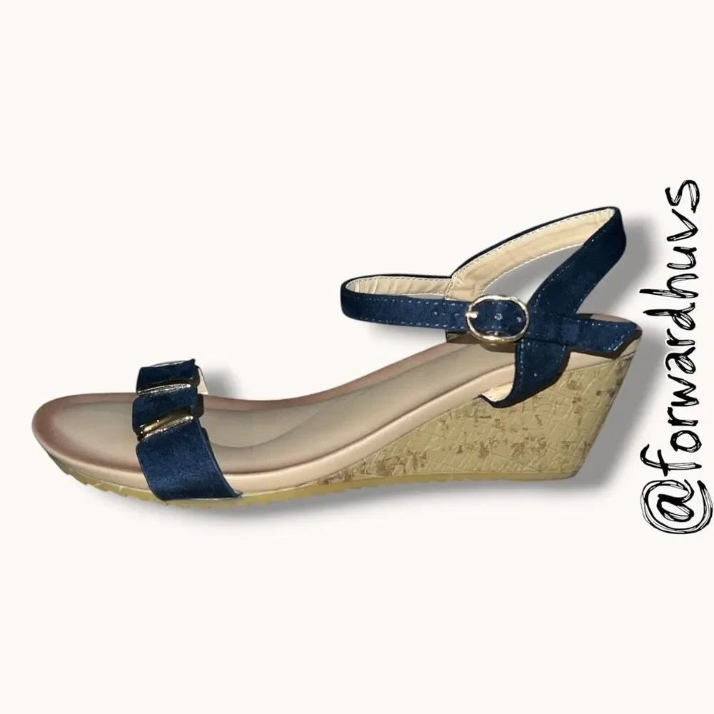 B. Comfort Navy Blue & Gold Ankle Strap Wedge Sandals Size 9